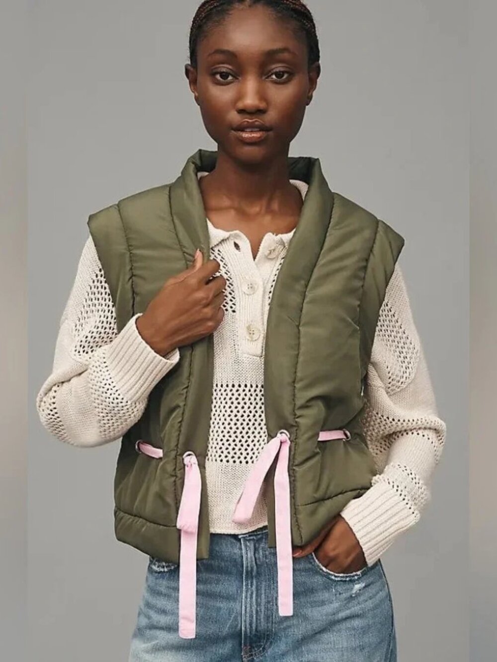 Anthropologie x Daily Practice Ribbon Tie Puffer Vest Size M/L